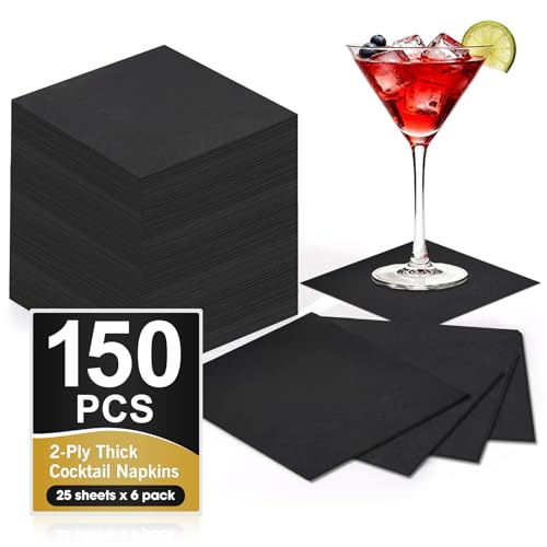 150 Count Black Cocktail Napkins Paper 2-Ply Black Beverage Napkins Napkins Disposable for Bar Wedding Dinner Party Holiday Christmas and Everyday(4.5x4.5 Inch).