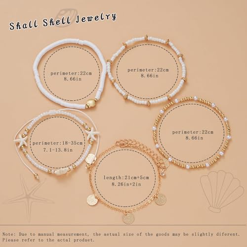Image of Boho Shell Ankle Bracelet Set for Women, 5 Pairs 14K Boho Bead Handmade Adjustable Anklet, Hawaiian Beach Seashell Starfish Foot Jewelry Gifts