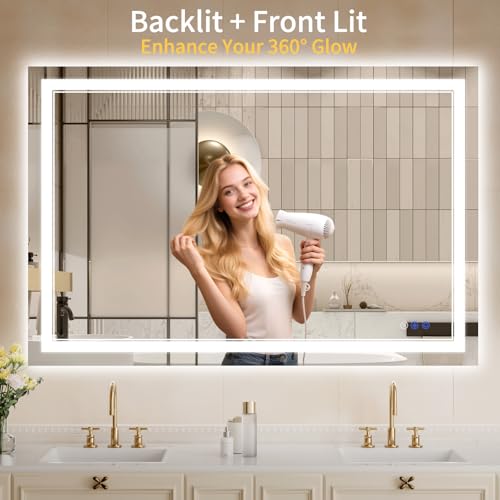 Image of 32 inchx48 inch LED Bathroom Mirror with Lights, Anti-Fog, Backlit + Front Lit, Dimmable, Led Vanity Mirror for Wall, Lighted Bathroom Mirror, 3 Colors, Shatter-Proof Tempered Glass