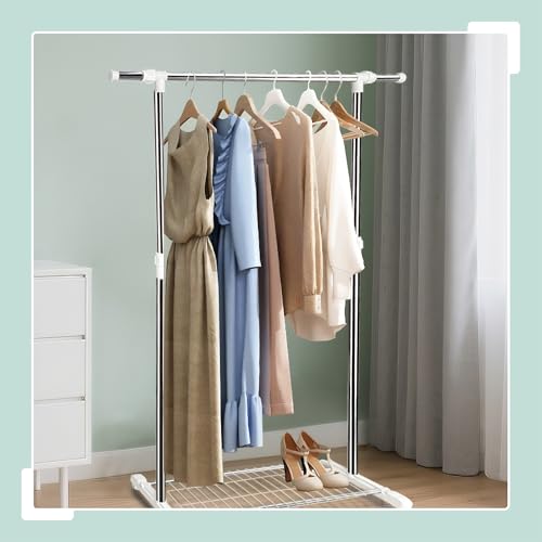 Perchero móvil regulable de acero, burro para ropa extensible con ruedas y balda 4