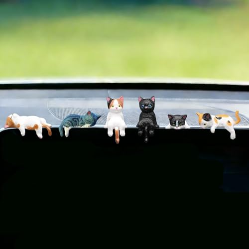 6 Pcs Cat Car Decor Dashboard Accessories Mini Cat Figurines Cute Car Rear View Mirror Gifts for Office Car Home Decor Funny Computer Monitor Desk Decorations for Women Girl