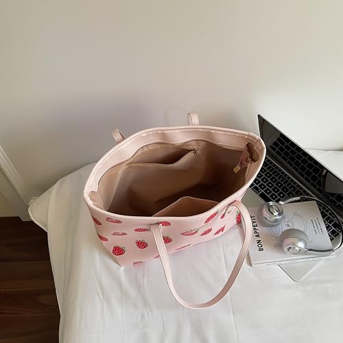 Image of hibear Cherry Print Tote Bag for Women Bow Shoulder Handbag Trendy Faux Leather Top-Handle Bag with Cherry Accessories