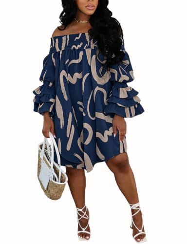 Image of WOKANSE Party Dresses for Women Off Shoulder Layered Flare Sleeve A line Ruched Plus Size Midi Summer Dress