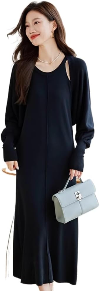 LIXINGHEITANG Short Shawl Wool Two- Suit Knitted Dress Autumn and Winter Sleeveless Cashmere Sweater Long Skirt