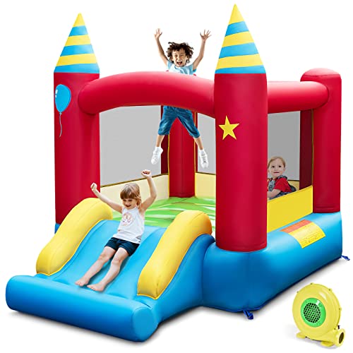 HONEY JOY Inflatable Bounce House, Jumping Castle with Slide, Oxford Carrying Bag, Basketball Rim, Air Bouncer for Kids Indoor Outdoor Play (with 480W Blower)