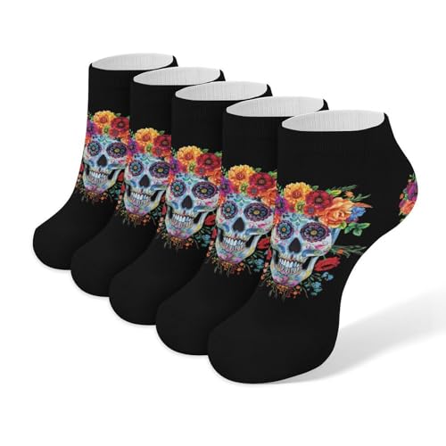 Day of The Dead Sugar Skull 5 Pairs Low Cut Ankle Socks for Men Women Athletic Running Socks No Show Breathable