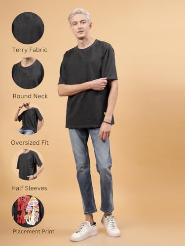 Image of Rigo Back Printed Half Sleeves Round Neck Oversized T-Shirt for Men | Drop Shoulder T-Shirt for Men | Loose Baggy Fit T-Shirt for Men