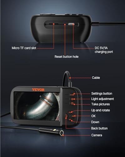 Image of VEVOR 3 Lens Industrial Endoscope, 1080P HD Digital Borescope Inspection Camera 4.5 Inch IPS Screen IP67 Waterproof Snake Camera with 8 LED Lights, 16.5FT Semi-Rigid Cable, 32GB Card and Helpful Tool