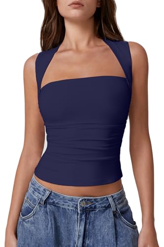 QINSEN Sleeveless T Shirts for Women Square Neck Double-Layered Summer Tight Tank Tops Navy M