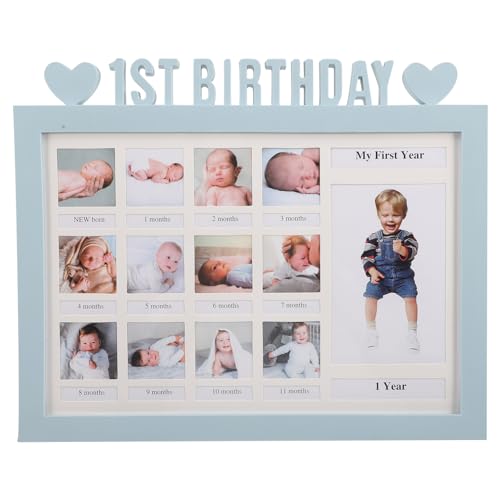 BRIGHTFUFU Marco de Fotos para Ñiño 12 Meses, Marco Conmemorativo del Primer Año, Plástico Pvc Duradero, Color Azul, Tamaño 32,5x26x1,5 Cm, para Fiesta de Bienvenida y Decoración