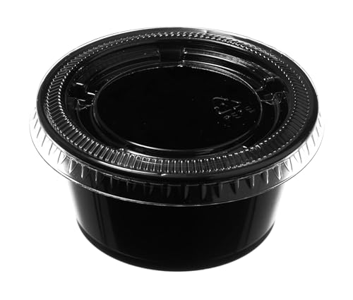 2 Oz Leak Proof Black Plastic Condiment Souffle Containers with Lids - Plastic Black Portion Cups with Plastic Lid Perfect for Sauces, Samples, Slime, Jello Shot, Food Storage (2 Ounce) (125)
