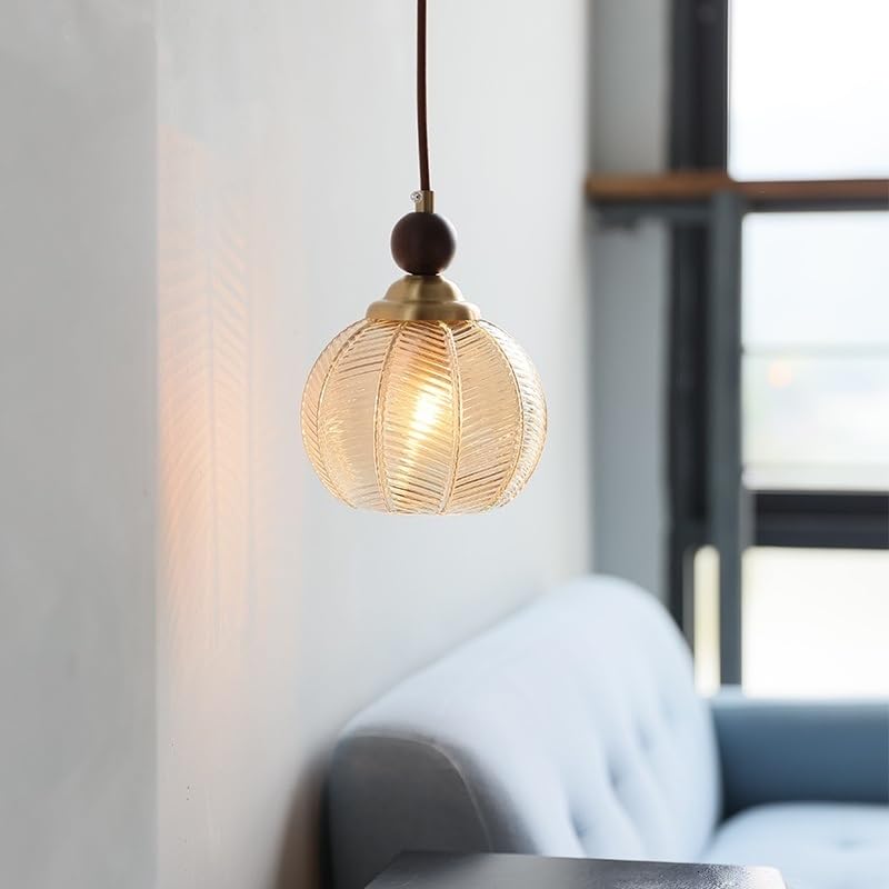 Genérico Luz colgante, Lámpara colgante LED de vidrio ámbar, accesorios iluminación for pasillo, dormitorio, tapa cobre madera, lámpara estilo japonés
