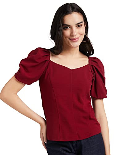 Image of Lymio Women's Crop Red Color V Neck Half Sleeve Polyester Solid Top