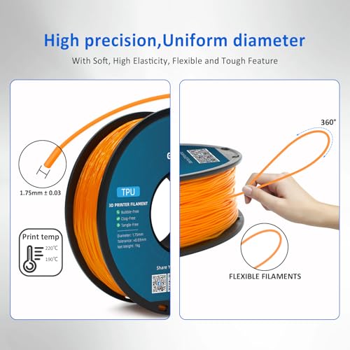 Image of Geeetech TPU Filament 1.75mm, Shore 95A - Flexible 3D Printer Filament with High Elasticity, 1KG (2.2lbs) Spool, Dimensional Accuracy ±0.03mm, Fits Most FDM Printers (Orange)
