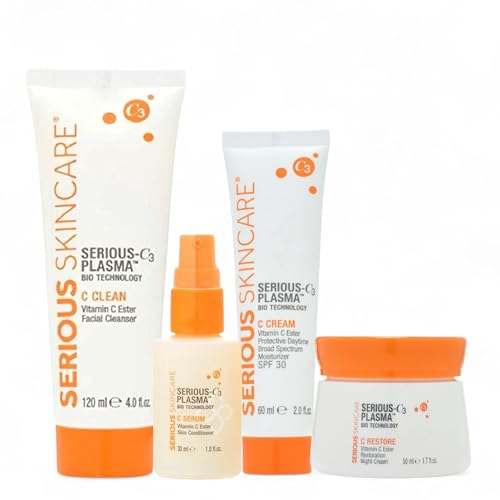 Serious Skincare Vitamin C Day & Night Anti-Aging Skin Care Set Brightening Face Serum Daytime SPF Moisturizer Hydrating Night Cream C Clean Facial Wash For Fine Lines and Wrinkles (4Pack)