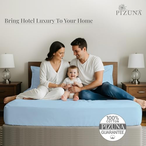 Image of Pizuna 100% Cotton Bedsheet Super King Size Baby Blue, 600 Thread Count Long Staple Combed Cotton Flat Bedsheets 108x108 Inches with 4 Pillow Covers, Bed Sheet for Super King Size Bed