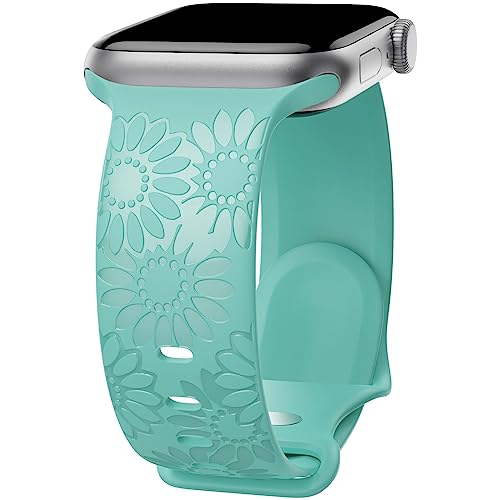 Image of Sunflower Engraved Band Compatible with Apple Watch Bands 38mm 40mm 41mm 42mm 44mm 45mm 49mm Women, Designer Soft Glossy Floral Silicone Strap for iWatch Series Ultra 11 10 9 8 7 6 SE 5 4 3 2 1