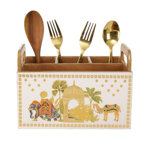 Image of Multipurpose MDF Wooden Cutlery Holder| Enamel Coated |Waterproof Spoon Stand with 4 Compartments for Kitchen, Dining Table & Home Decor (Royal Camel)