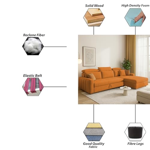 Image of Casaliving Gagnon RHS 4 Seater L Shape Corner Sofa Cum Bed for Living Room (Orange Fabric) Premium Fabric Sofa