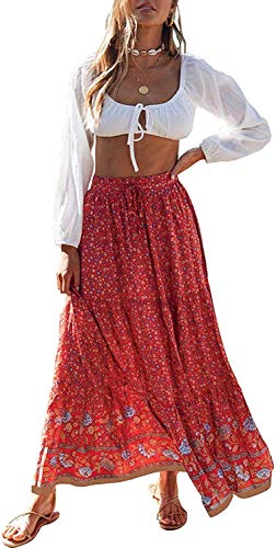 MEROKEETY Falda midi plisada de cintura alta con estampado floral Boho para mujer con bolsillos - rojo - Large