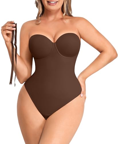 Image of SHAPELLX Shapewear Tummy Control Bodysuit for Women Faja Body Shaper Strapless Body Suit Thong Removable Straps Brown M