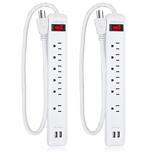 Maxxima 6 Outlet USB Power Strip with Dual USB Ports Surge Protector 300 Joules 2.4A (2 Pack)