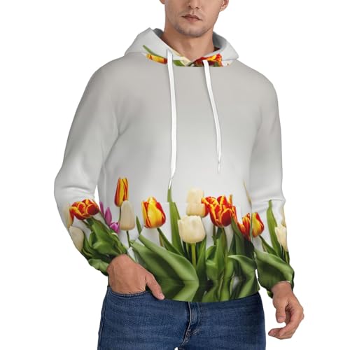 Sweat à capuche homme imprimé tulipes colorées, pull manches longues avec cordon
