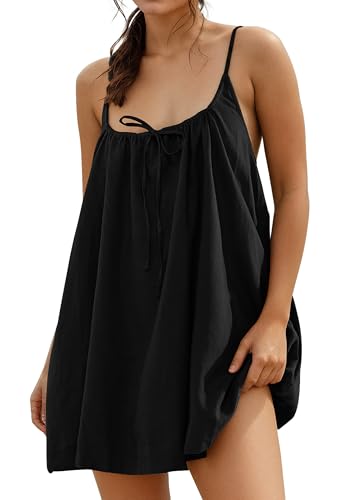 Image of YUENIU Womens Sundresses Mini Linen Beach Cover Up Tank Summer Casual Spaghetti Strap Sleeveless Dress with Pockets