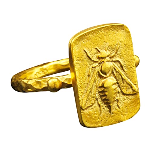 Caprixus Honey Bee Signet Coin Ring Solid 925 Sterling Silver 24K Yellow Gold Vermeil Handcrafted Ancient Greek Art Artisan Granulated Fine Jewelry