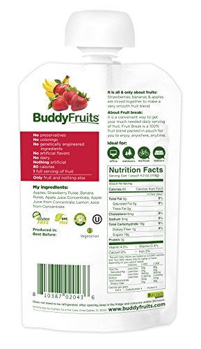 Buddy Fruits Pure Blended Fruit Break Strawberry, Banana and Apple Applesauce | 100% Real Fruits Pouches | Non GMO, Vegan, Gluten Free, No Preservatives, BPA Free | 4.2oz Pouch 14 Pack