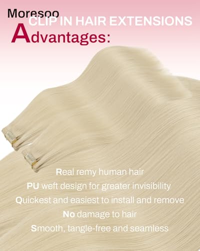 Image of Moresoo Blonde Clip in Hair Extensions, 22inch PU Weft, Real Human Hair | Seamless clip in hair extensions, light blonde, 120g 7pcs, for weddings and events, for elegant feminine styling
