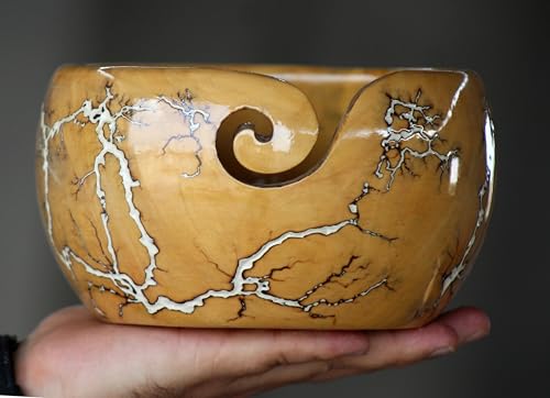 Image of Lichtenberg Figure Yarn Bowl - Handmade Wooden Yarn Bowl for Knitting Yarn Ball Holder - Yarn Bowls with Holes Crochet Bowl Holder - Yarn Storage Bowl 7 inch x 4 inch inches (White)
