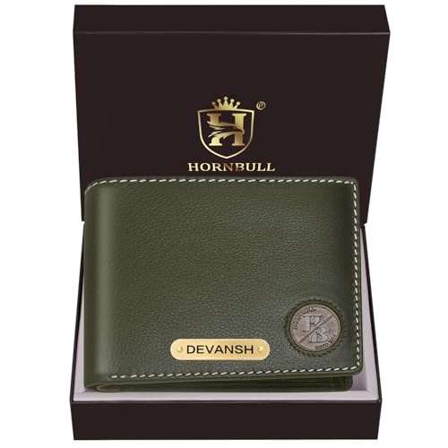 Image of HORNBULL Men's Personalized Wallet I Customized Slim Stylish Leather Purse with Name I Unique Birthday Gift for Men Boy Love Husband (Oliv /MUD)