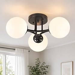 Bagood 3-Light Sputnik Chandeliers Chandeliers Modern Semi Flush Mount Globe Ceiling Light Mid Century Ceiling Light Frosted Glass Matte Black Chandeliers for Hallway Laundry Bedroom Entryway Living