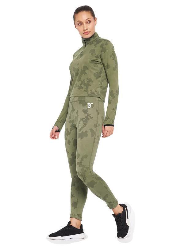 Image of THREE Women's Polyester Camo Printed Two Piece Tracksuit |1