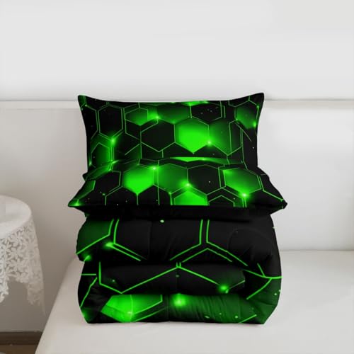 Image of Feelyou Geometrics Honeycomb Bedding Set Kids Toddler King, Beehive Geometric Comforter Set Honeycomb with Green Yellow Neon Lights Comforter Hexagonal Duvet Set Durable Quilt Set King Size