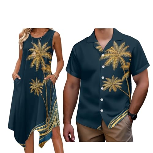 Boatee Retro Couple Matching Outfits Fashionable Mens Casual Shirts Hawaii Dress Hawaiian Palm Tree Breathable Short Sleeve Button Down with Soft Fabric for Summer Vacation Trip