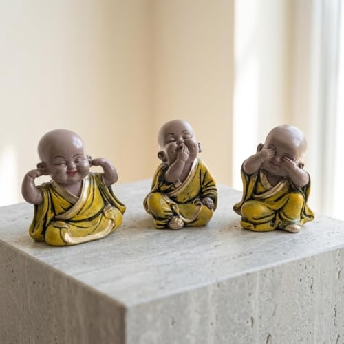 Image of eCraftIndia Resin Yellow Think No Evil Speak No Evil Hear No Evil Set of 3 Cute Little Monk Buddha Statues Decorative Showpieces for Car Dashboard Home Office Desk Decor Gift Purpose