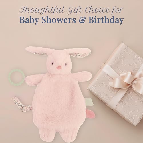 Image of MON AMI Rosie Bunny Security Blanket with Silicone Teether | 12-Inch Plush Lovey for Babies | Soothing Sensory Snuggle Toy | Perfect Newborn Essential for Birthdays & Baby Showers