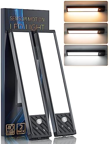 2023 Latest Wireless Closet Lights Motion Sensor Cabinet Lighting, Rechargeable Dimmable Under Counter Lights for Kitchen, 3 Color Tempers Night Light for Bedroom, Stair, Hallway, 2 Packs, Black