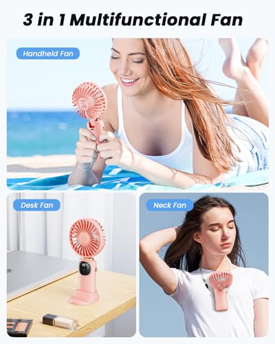 Image of Portable Handheld 4000mAh Battery Operated Fan with LED Display, 3 in 1 Personal Small Fan for Neck /Desk, 90 Foldable with Base, 5 Speed Lash Makeup Fan Pink
