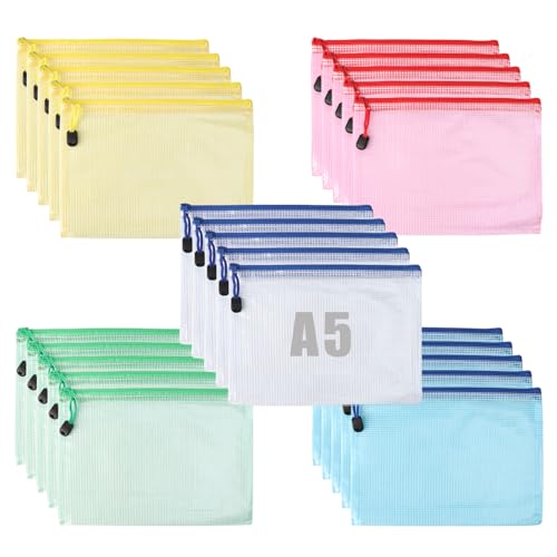 25 Stück Dokumententasche A5 Dokumententaschen mit Reißverschluss Wasserdichte Zip Beutel Klein Mesh Bag Kunststoff Zipper Beutel für Dokumente Quittung Papier Kosmetika(5 Farben)