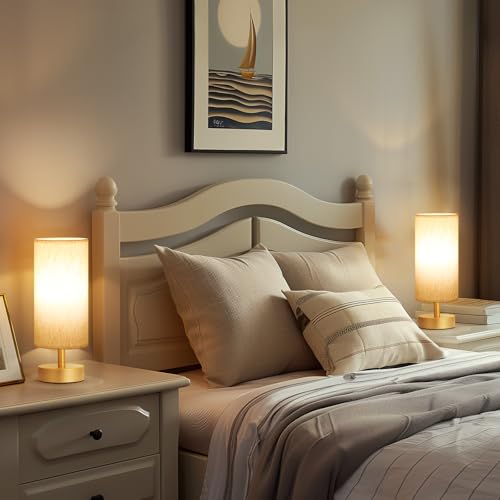 Image of Table Lamps Set of 2 (Cream Shade- Gold Base, 11.6 inch Inline Control) | Bulb not Included | Small Lamps for Bedroom | Desk Lamp for Reading | for Living Room | for Dorm | Linen Fabric Shade
