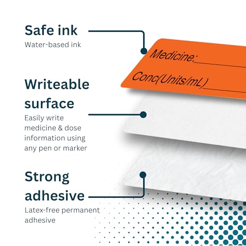 Image of Orange Medicine Syringe Labels (Units /mL) - 800 Medication Labels Stickers, 12mm x 40mm, for Hospitals, Pharmacy & Vet