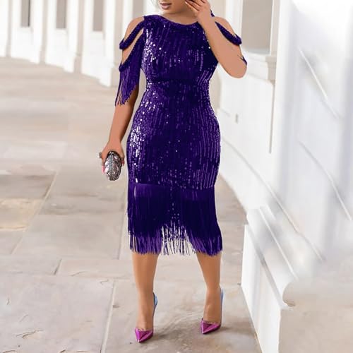 Image of Cololura Sexy Elegant Women Sequin Long Sleeve Tassel Bodycon Midi Dress Party Evening Gown Formal Dress
