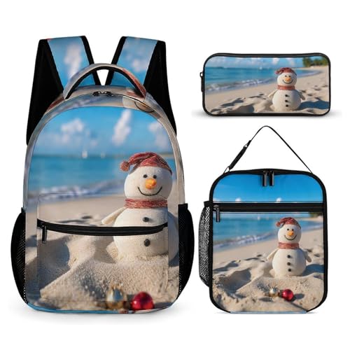 Sand Snowman On Beach Backpack Set Lightweight Bag Lunch Box Pencil Bags for Women Men Bookbags 3 in 1