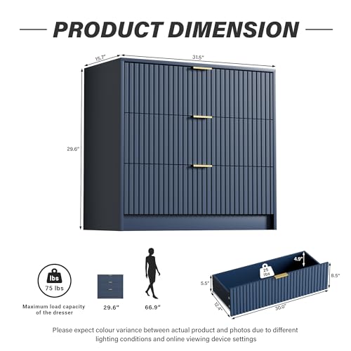 Image of Furniway Fluted Nightstands Set of 2, 31.5 inch Large Bedside Tables with 3 Drawers, Modern Wood Night Stands with Storage for Bedroom, Navy Blue