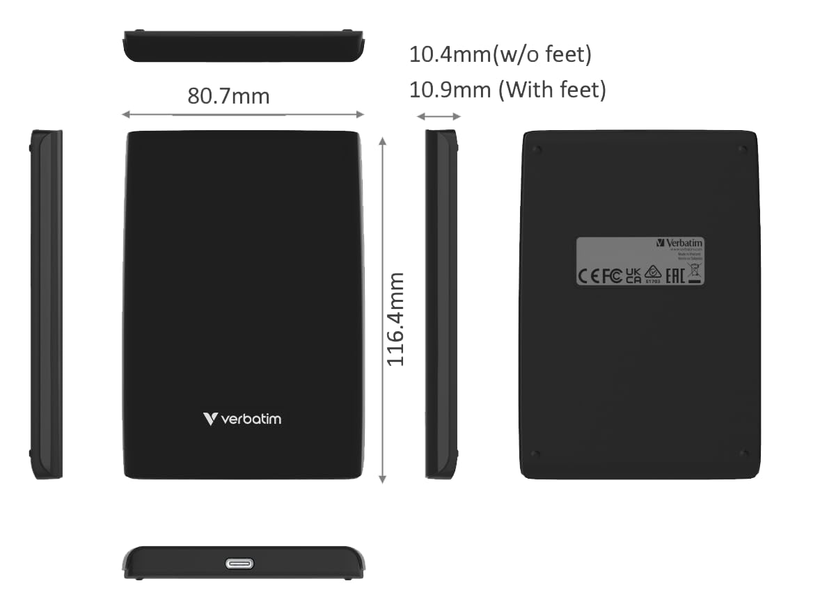 Verbatim Store 'n' Go Slim Portable SSD 2 TB, USB 3.2 Gen 1 SSD, fino a 5 Gbps con porta USB-C e adattatore, software di backup Nero, compatto, leggero e affidabile per Mac, PC, nero