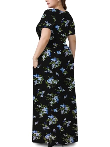 Image of PEVRL Plus Size Summer Maxi Dress for Curvy Women with Pockets 1X-5X | Short Sleeve, Twisted Front V-Neck, Summer Casual A Line Flowy Dress, Empire Waist Floral Print Beach Vacation Long Dress
