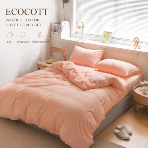Image of ECOCOTT Duvet Cover King Size - 100% Washed Cotton Durable Soft Comfy Duvet Cover Set, 3 Pieces Duvet Cover with Zipper Closure, No Comforter (Dark Pink)
